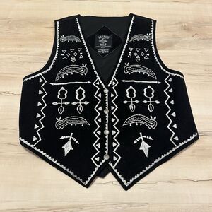 Running Wild Black Suede Western Cowboy Vest Embroidered Oklahoma Seal Buttons M